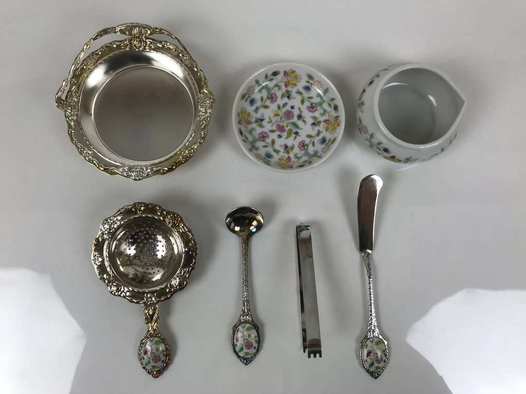 Japanese Cutlery Set Vtg Metal Spoons Forks Strainer Bowl Wood Box Floral JK926