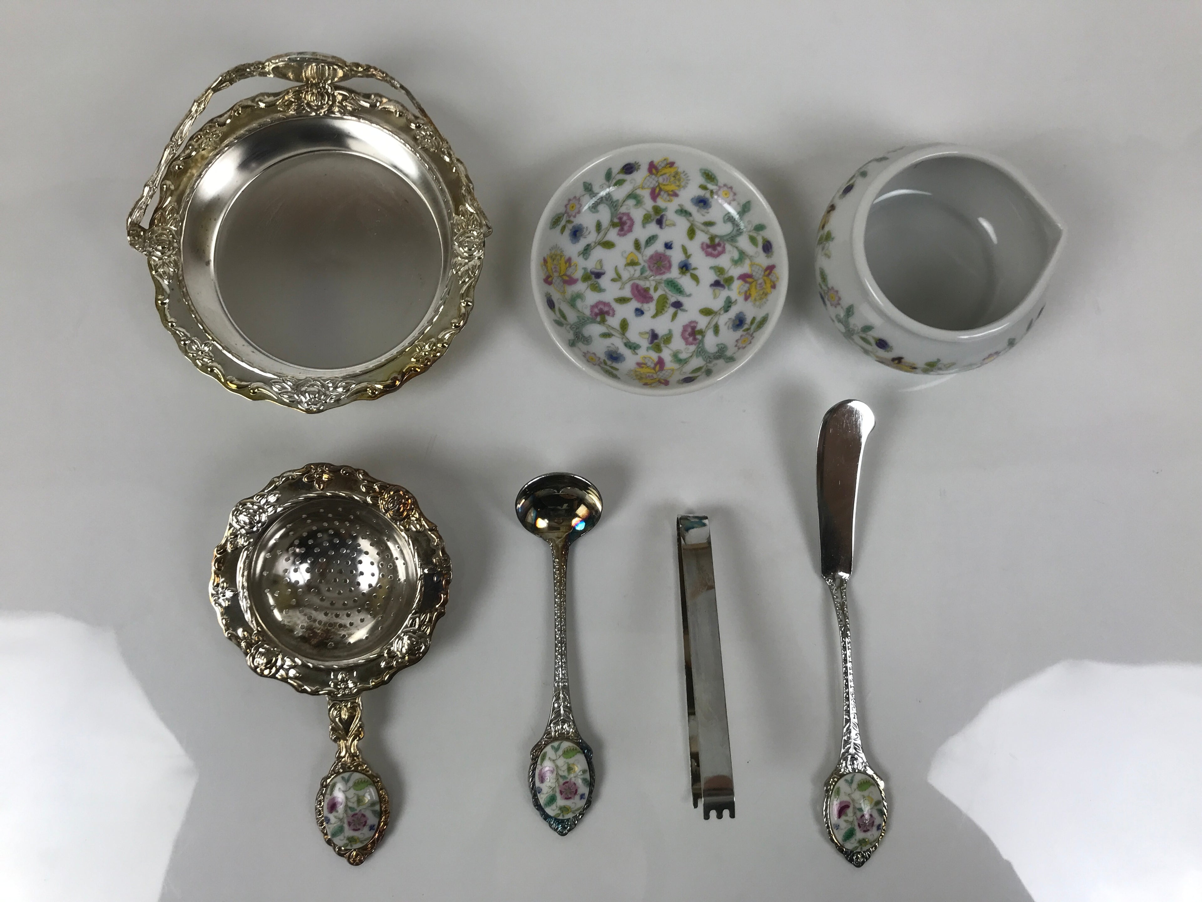Japanese Cutlery Set Vtg Metal Spoons Forks Strainer Bowl Wood Box Floral JK926
