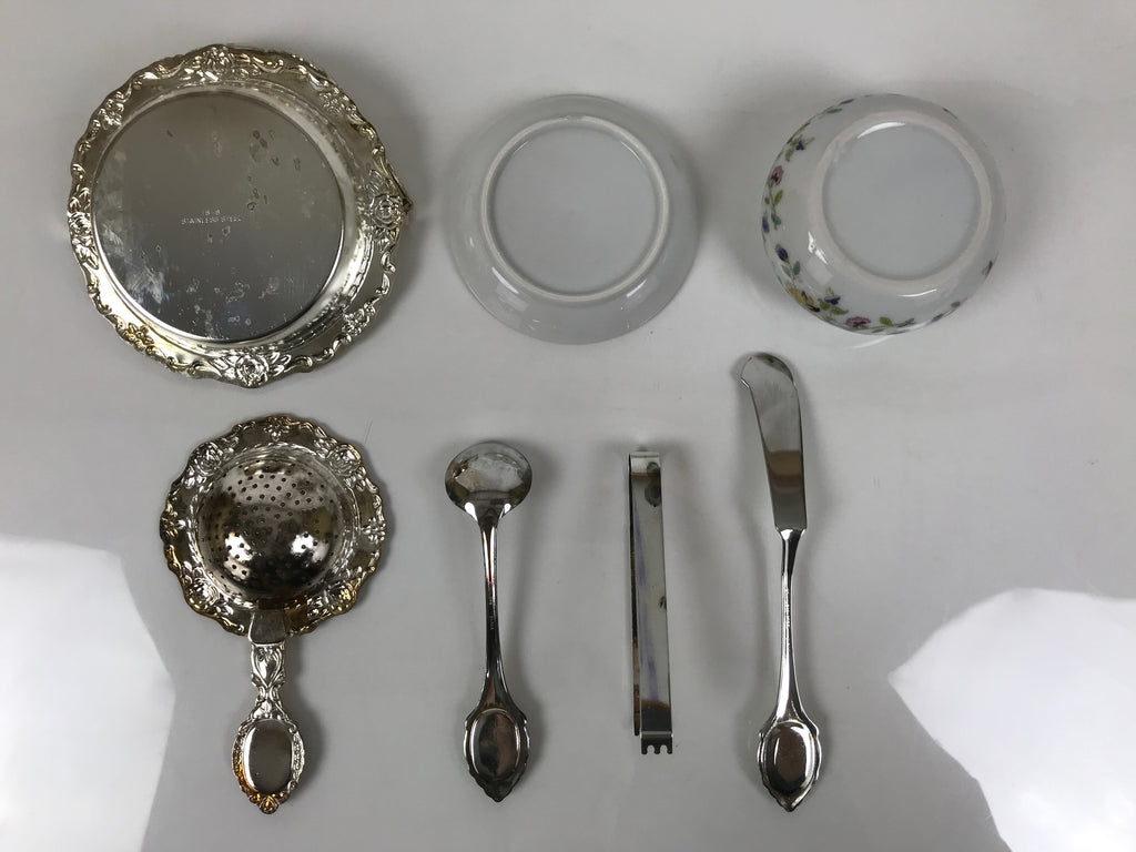 Japanese Cutlery Set Vtg Metal Spoons Forks Strainer Bowl Wood Box Floral JK926