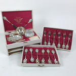 Japanese Cutlery Set Vtg Metal Spoons Forks Strainer Bowl Wood Box Floral JK926