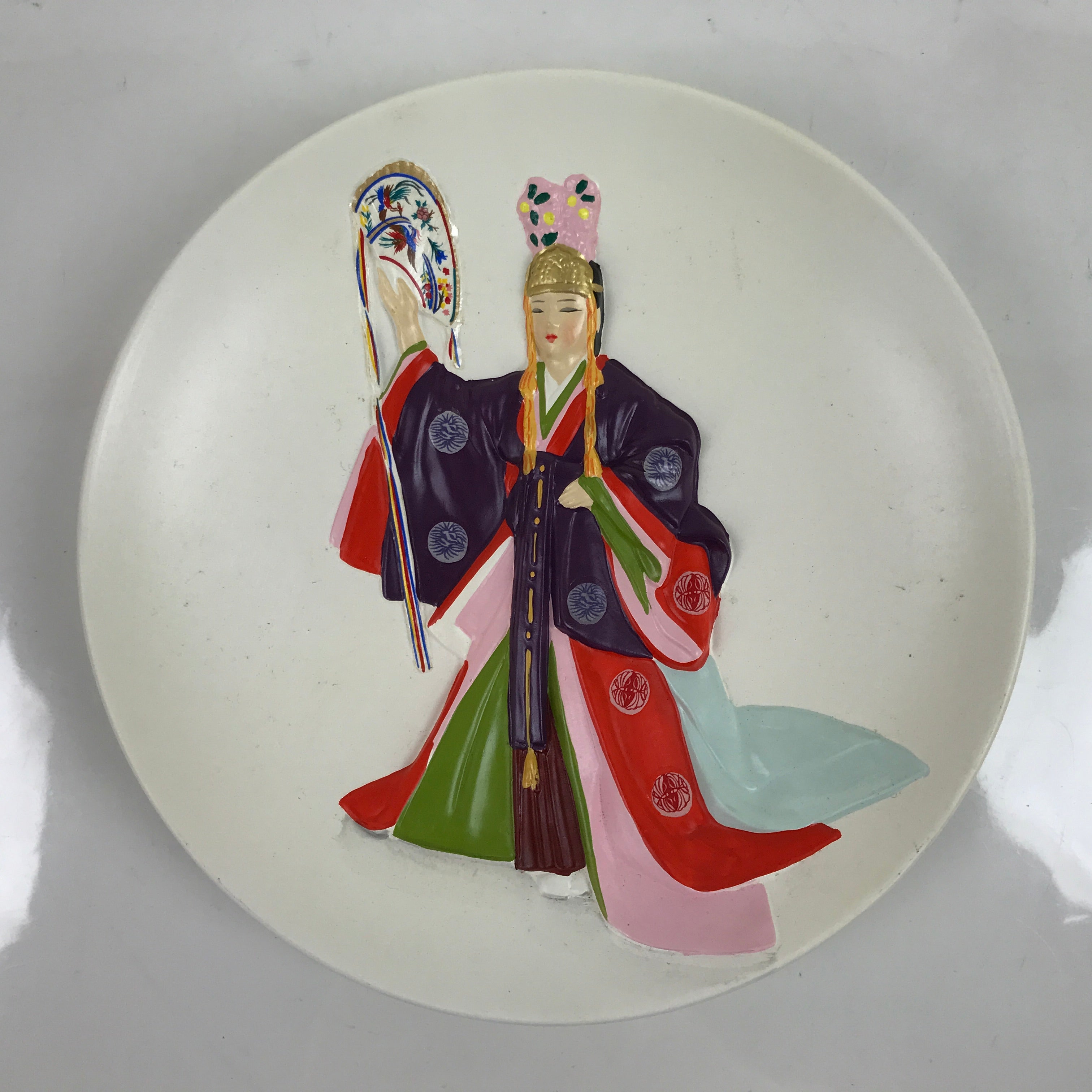 Japanese Decoration Ceramic Plate Stand Vtg Shrine Maiden Dance Hanging ST7