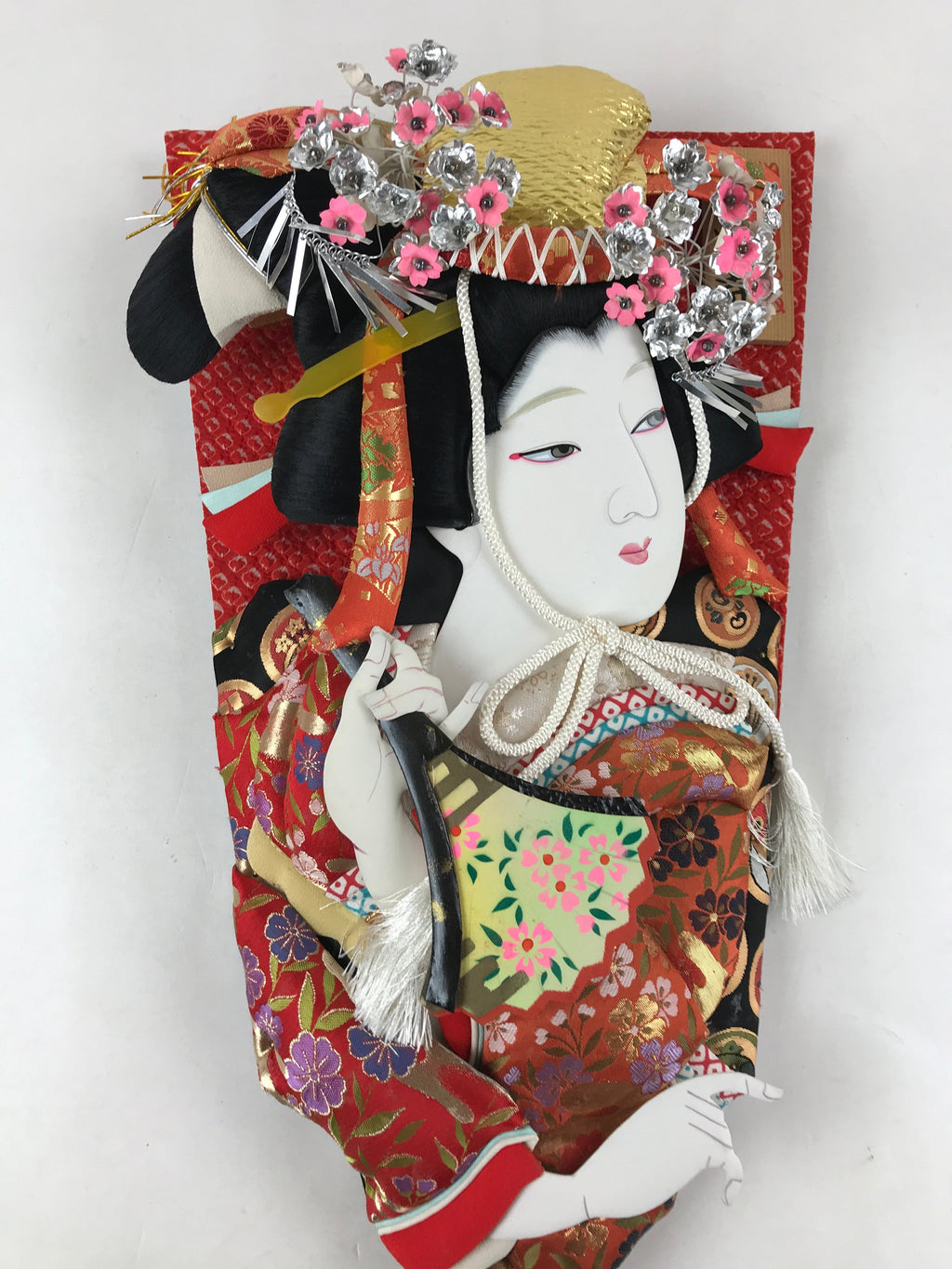 Japanese Decorative Wooden Paddle Hagoita Vtg Geisha Kimono New Years Game JK623