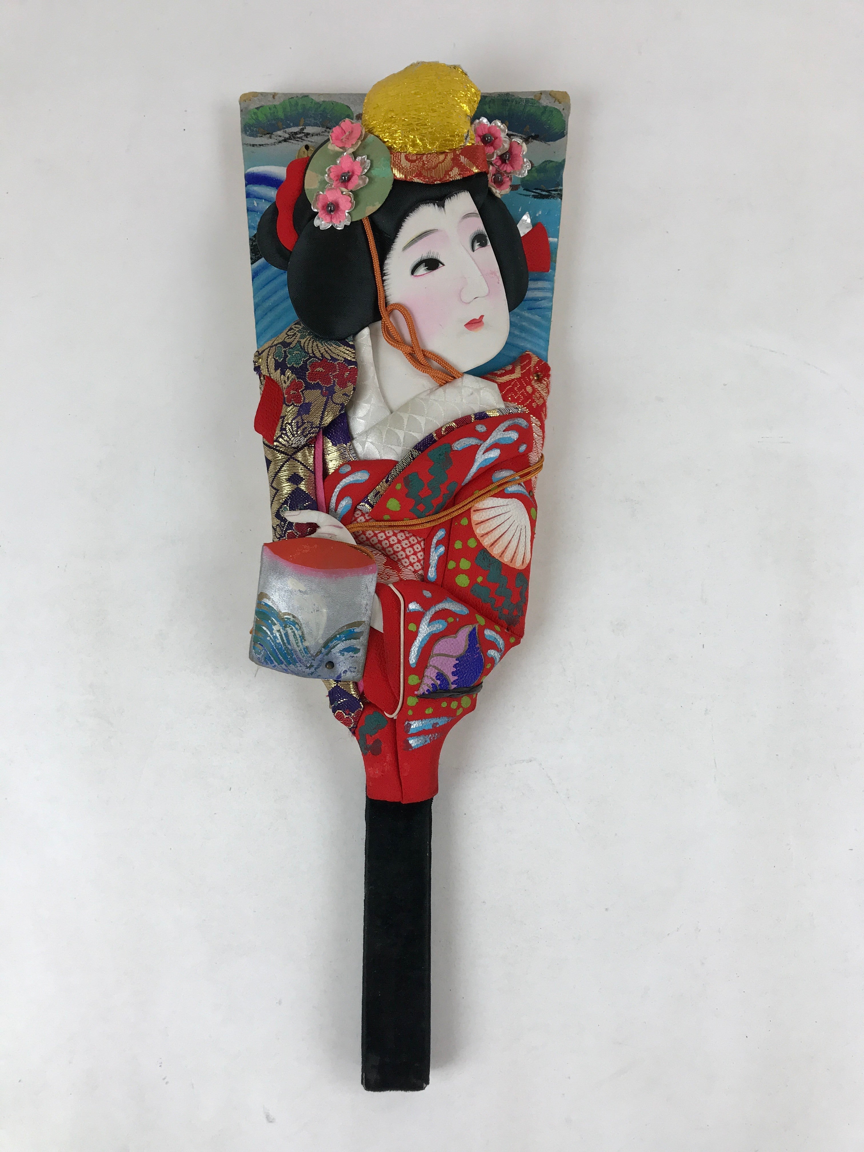 Japanese Decorative Wooden Paddle Hagoita Vtg Geisha Kimono New Years Game JK632