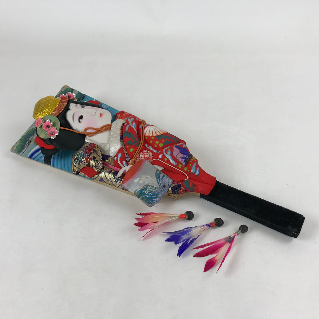 Japanese Decorative Wooden Paddle Hagoita Vtg Geisha Kimono New Years Game JK632