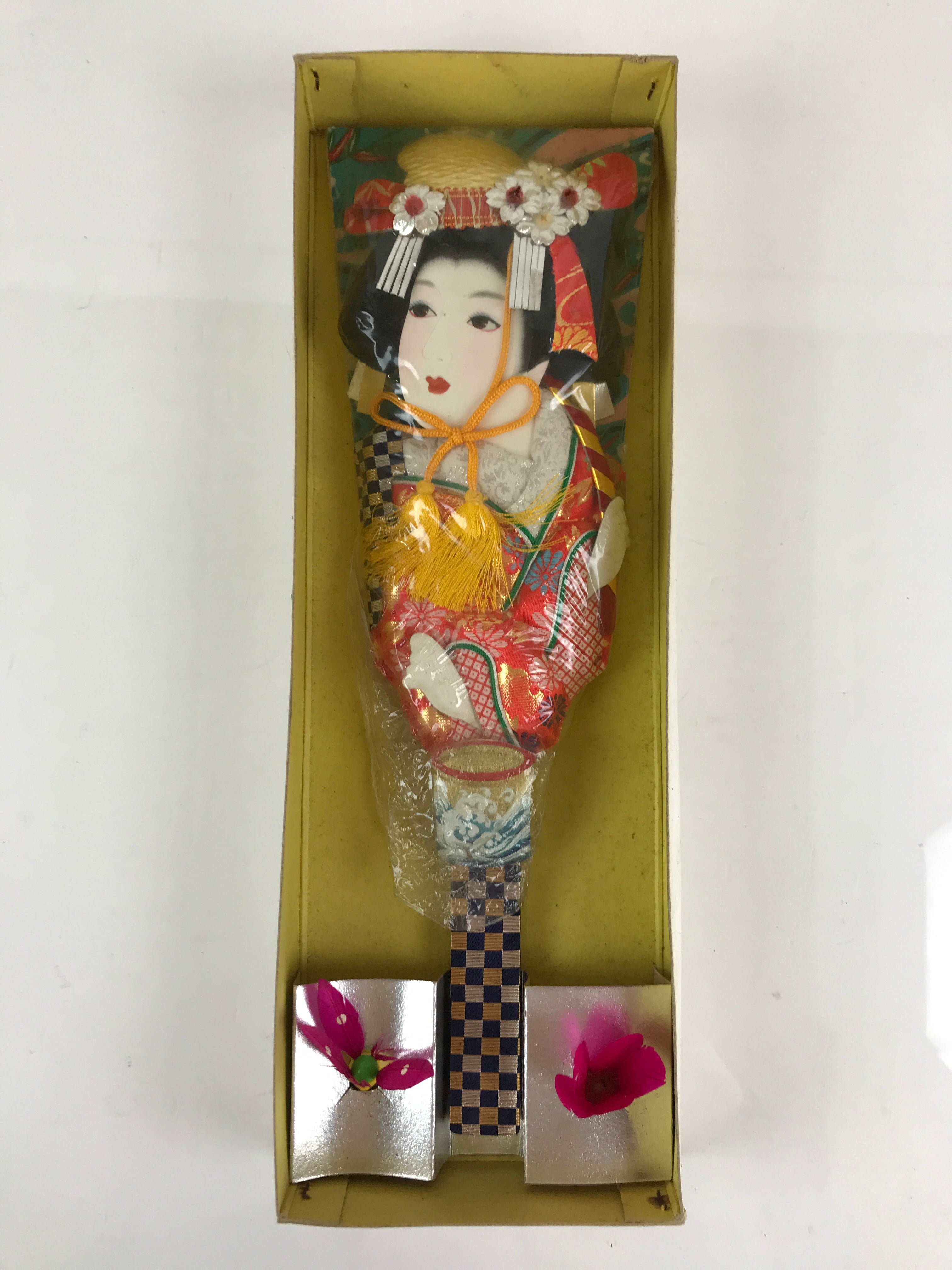 Japanese Decorative Wooden Paddle Hagoita Vtg Kimono Geisha New Years Day PX635