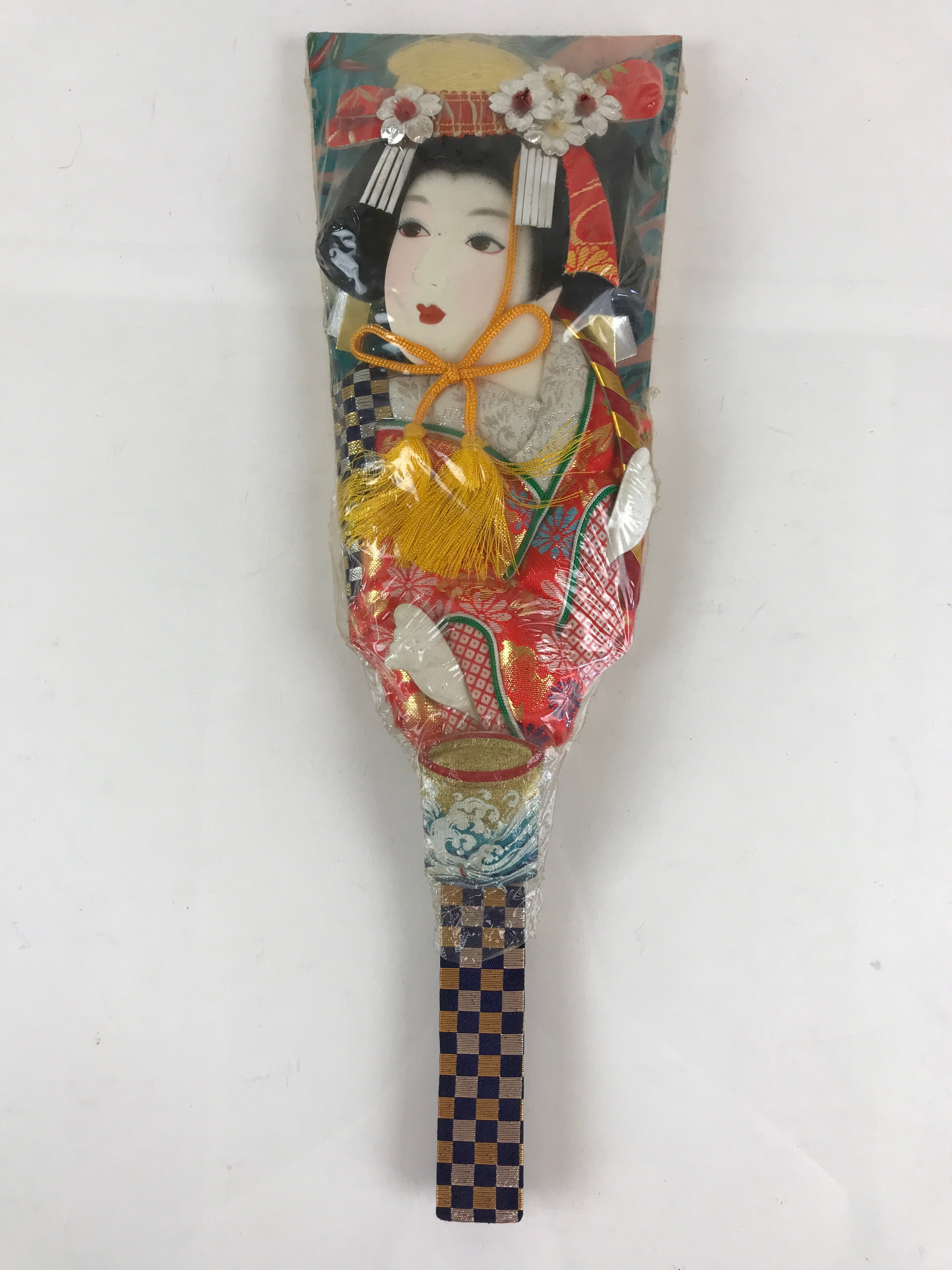 Japanese Decorative Wooden Paddle Hagoita Vtg Kimono Geisha New Years Day PX635