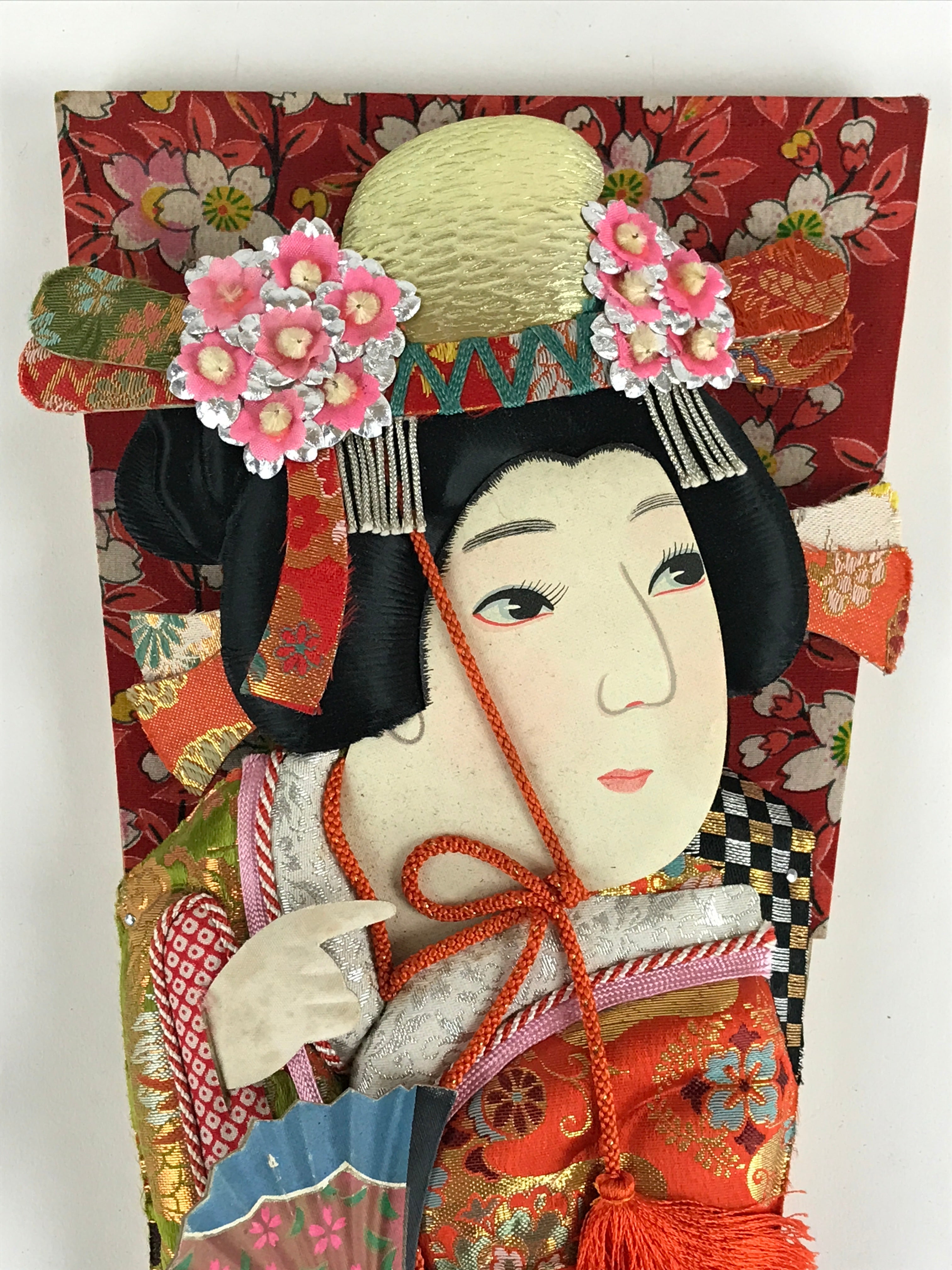 Japanese Decorative Wooden Paddle Hagoita Vtg Kimono Geisha New Years Play JK555