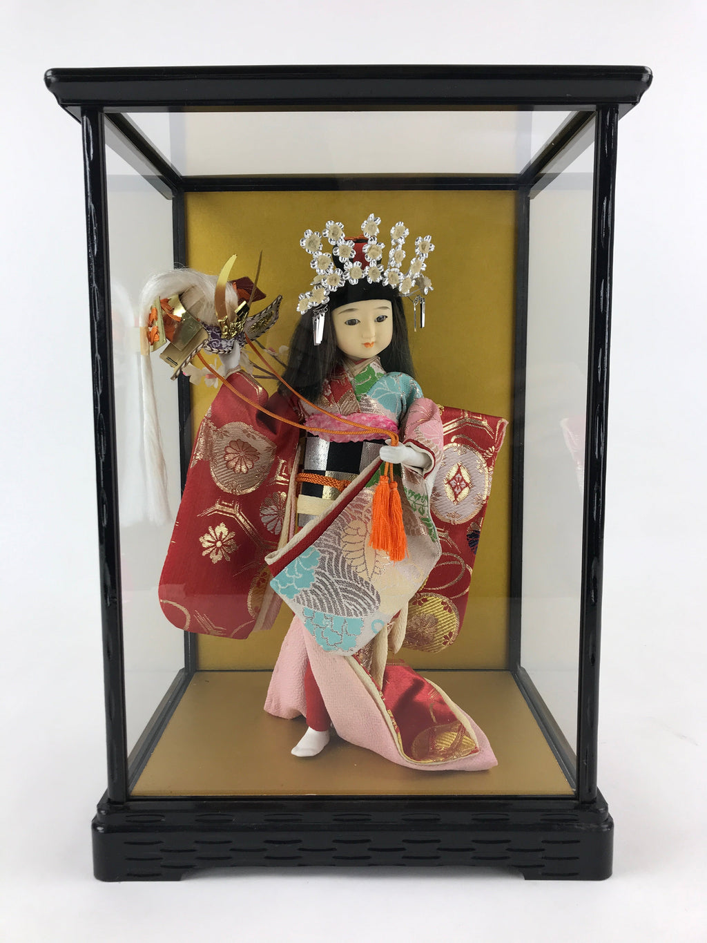 Japanese Doll Glass Case Display Vtg Ningyo Kimono Dancer Figurine BD907