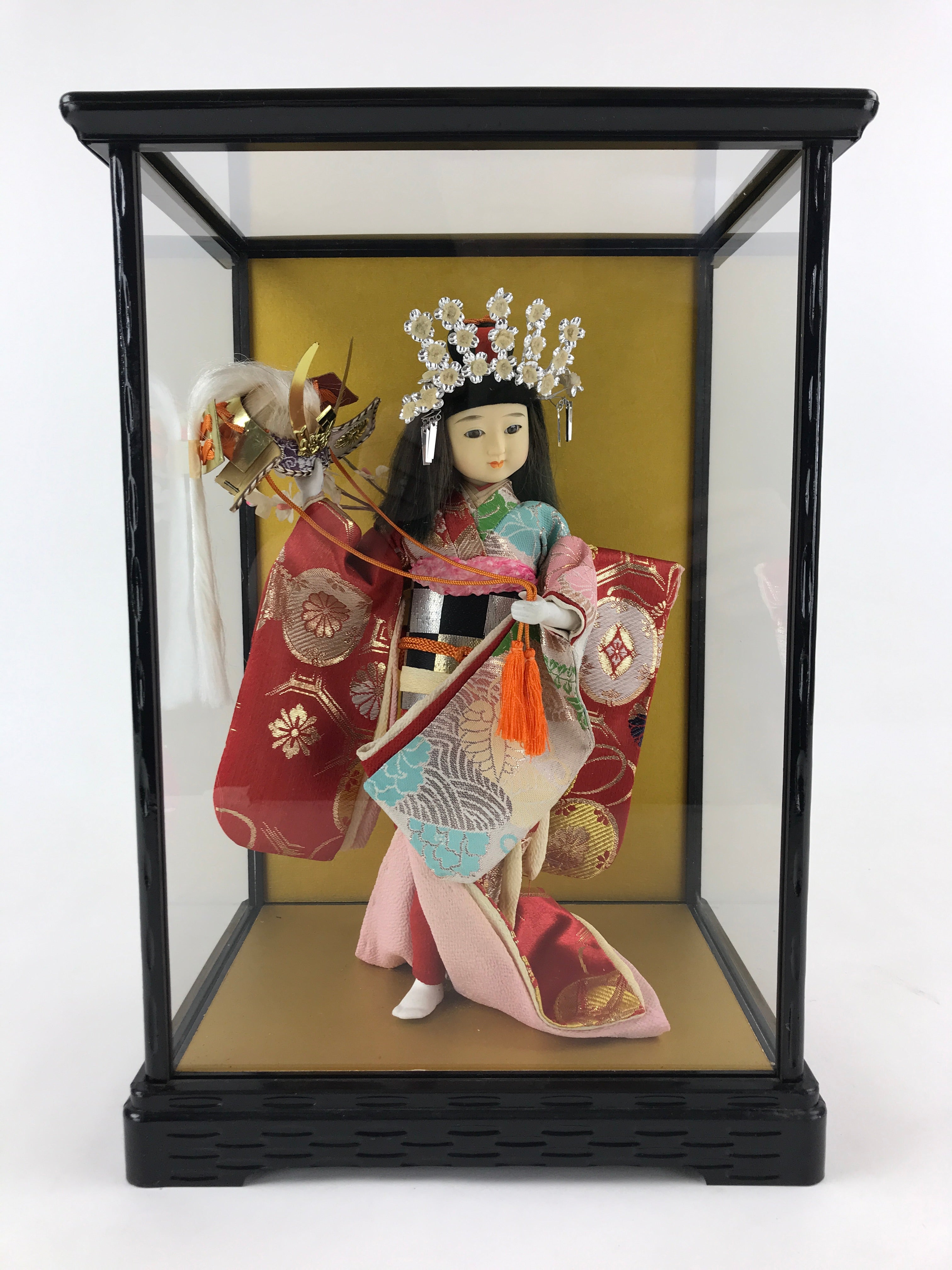 Japanese Doll Glass Case Display Vtg Ningyo Kimono Dancer Figurine BD907