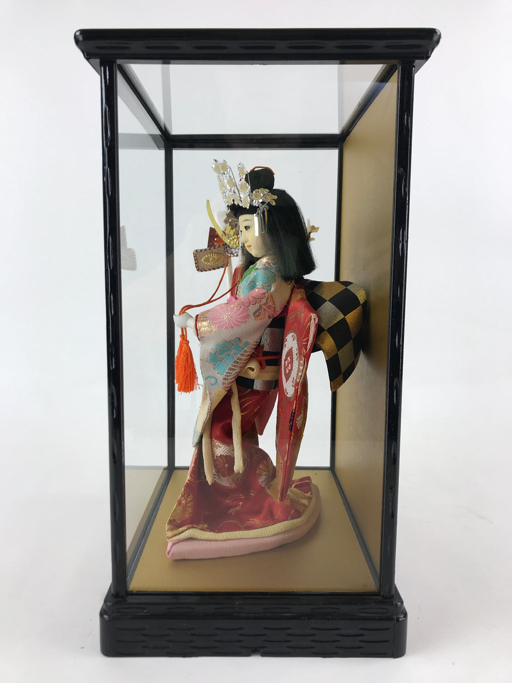 Japanese Doll Glass Case Display Vtg Ningyo Kimono Dancer Figurine BD907