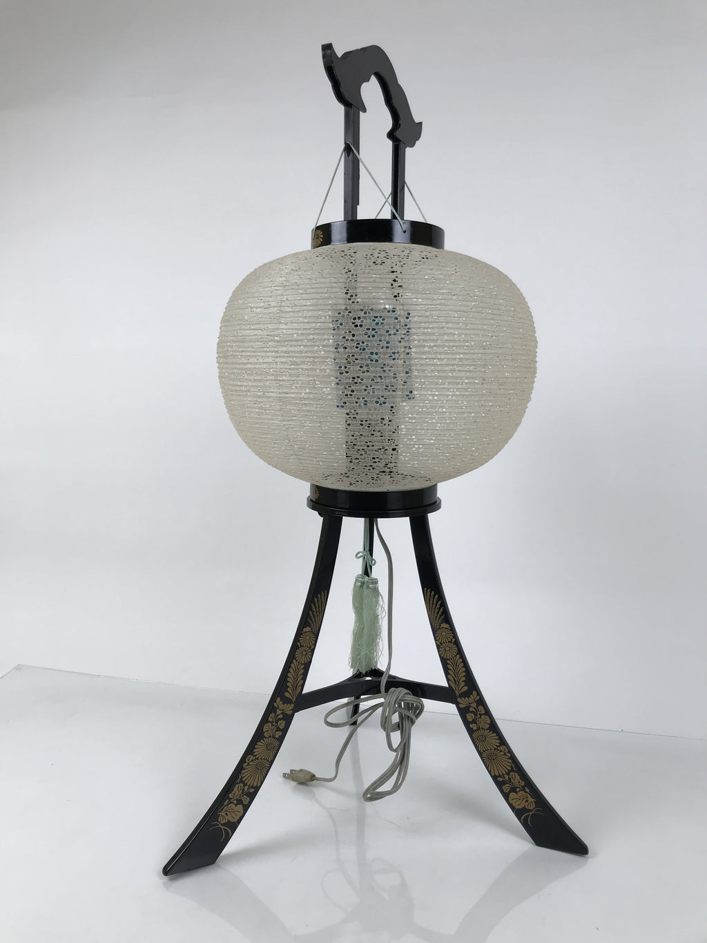 Japanese Electric Gifu Lantern 3 Legs Stand Vtg Obon Flowers Pierced White LT96