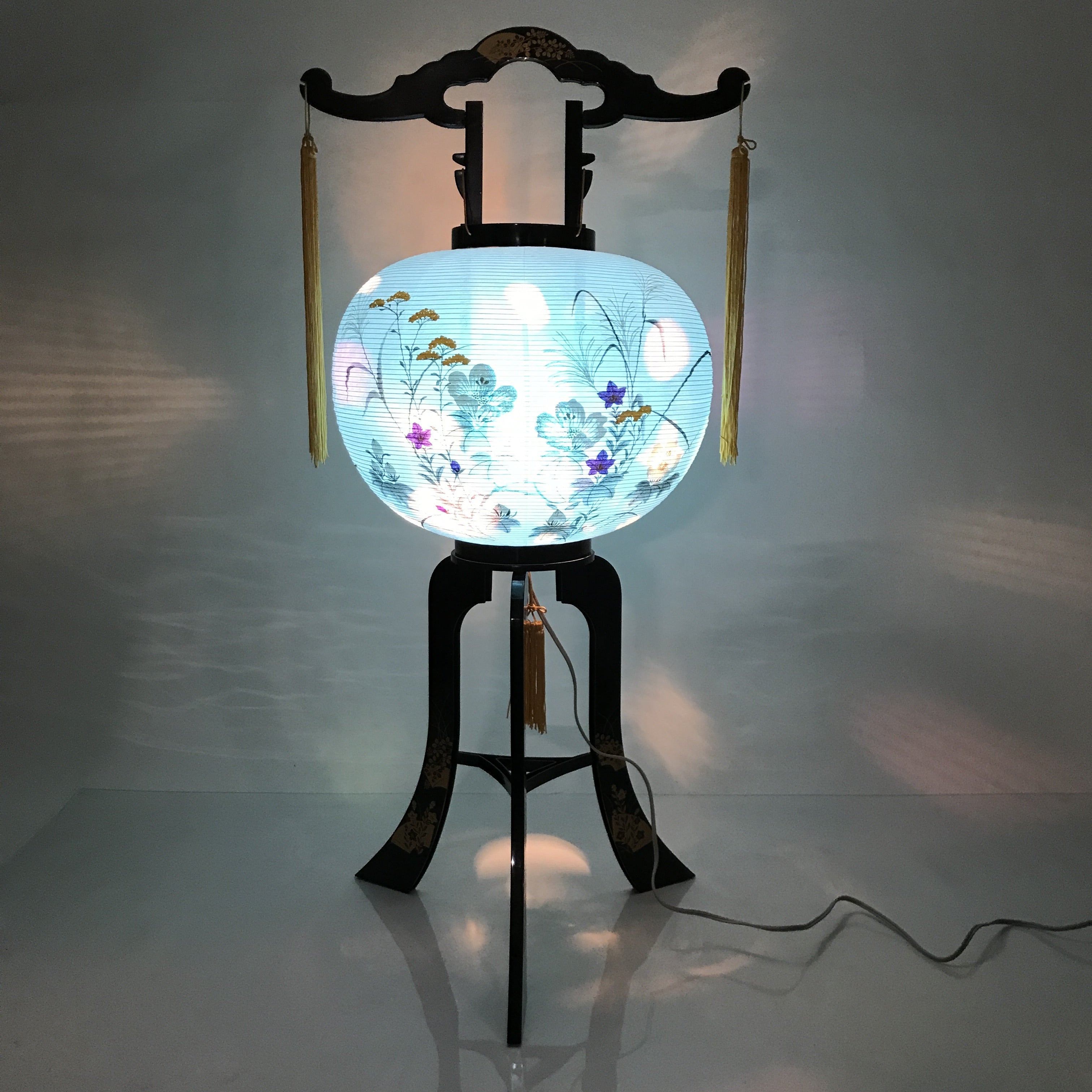 Japanese Electric Gifu Lantern 3 Legs Stand Vtg Obon Hibiscus Flowers Decor LT99