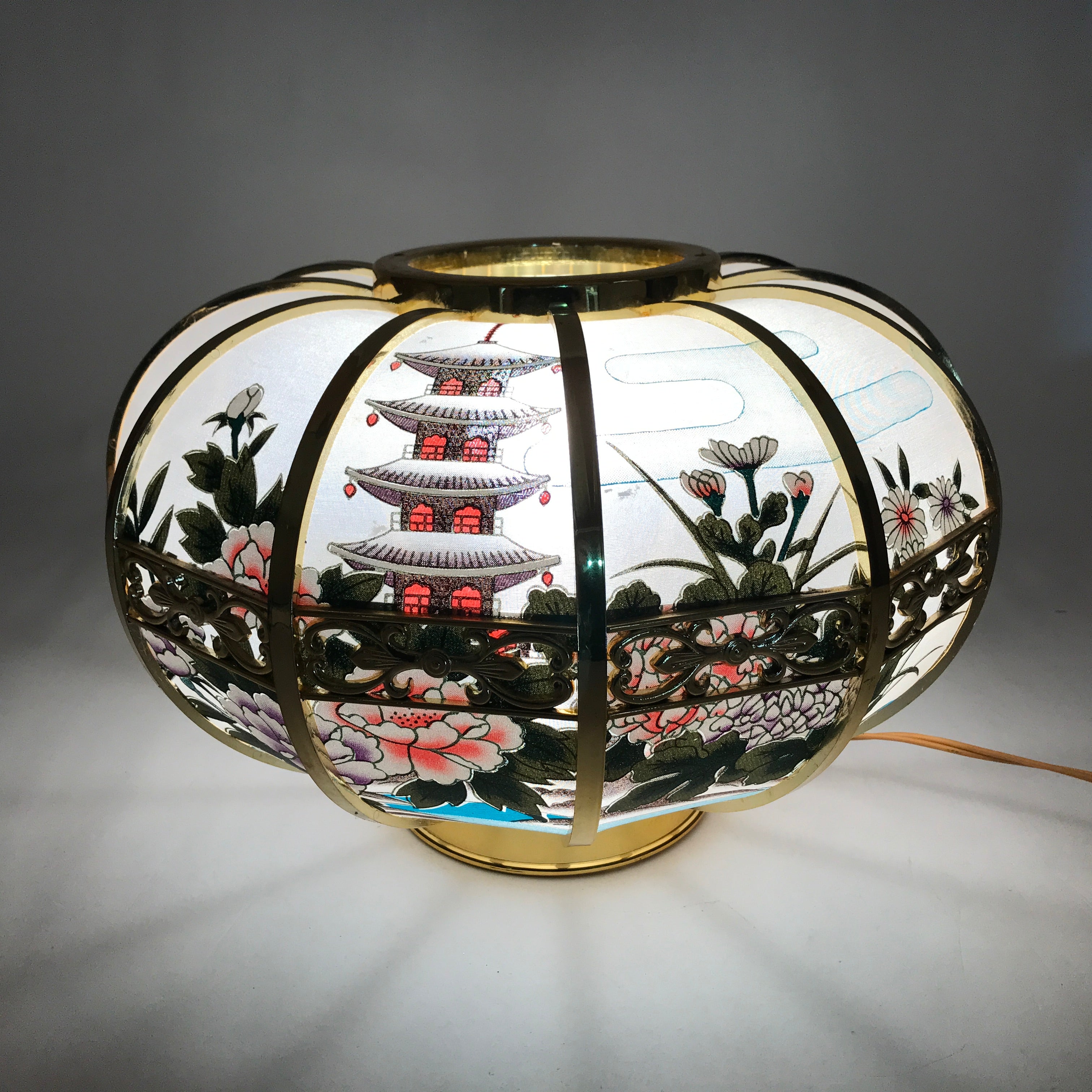 Japanese Electric Lantern Round Lamp Vtg Peony Temple Light Shade Obon LT68
