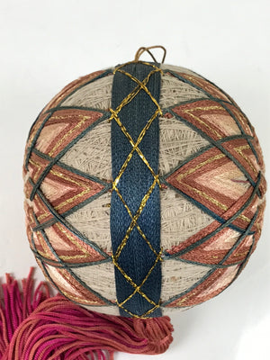 Japanese Embroidered Thread Fabric Hanging Mari Ball Decoration Vtg Temari ID595