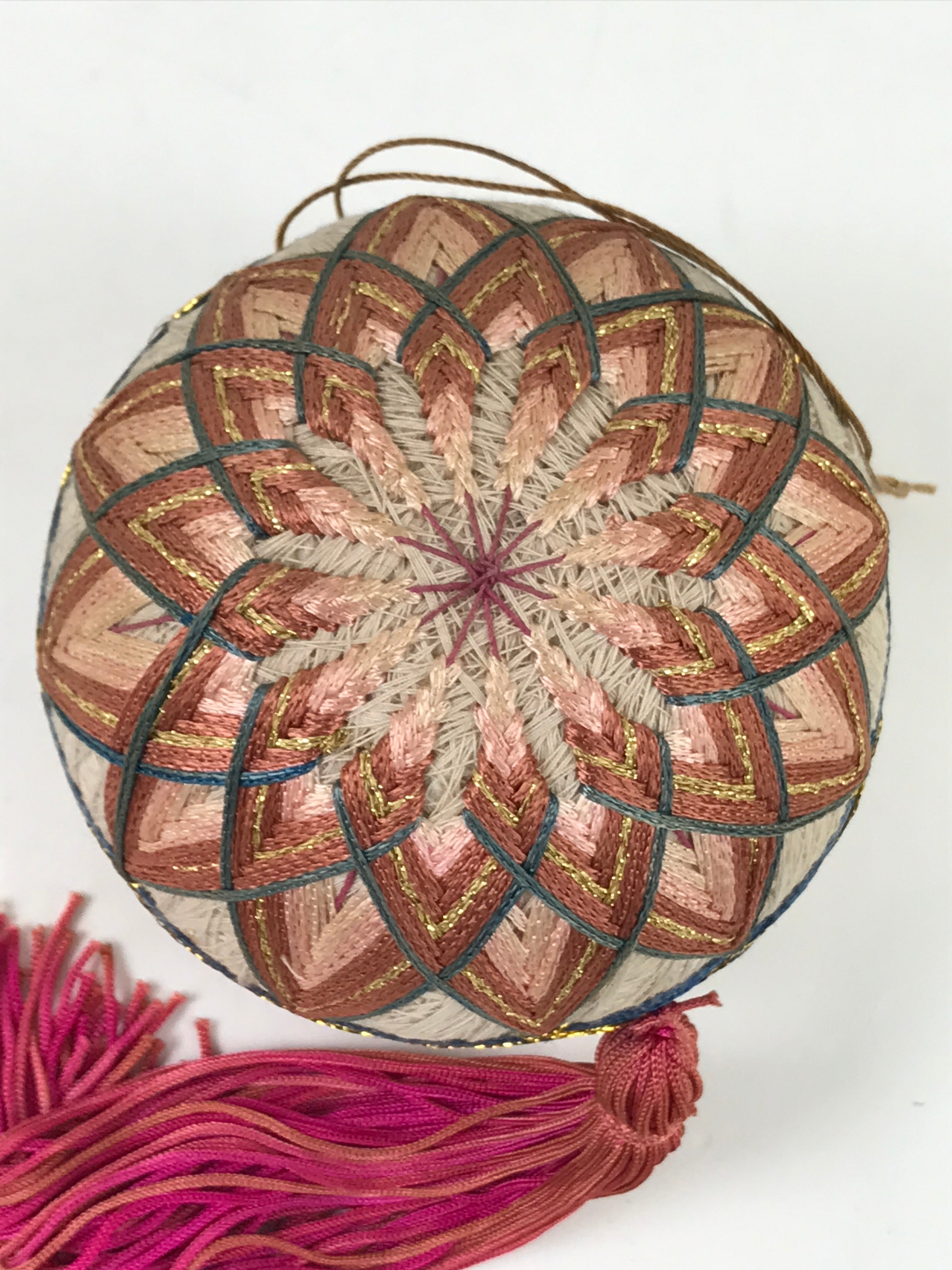 Japanese Embroidered Thread Fabric Hanging Mari Ball Decoration Vtg Temari ID595