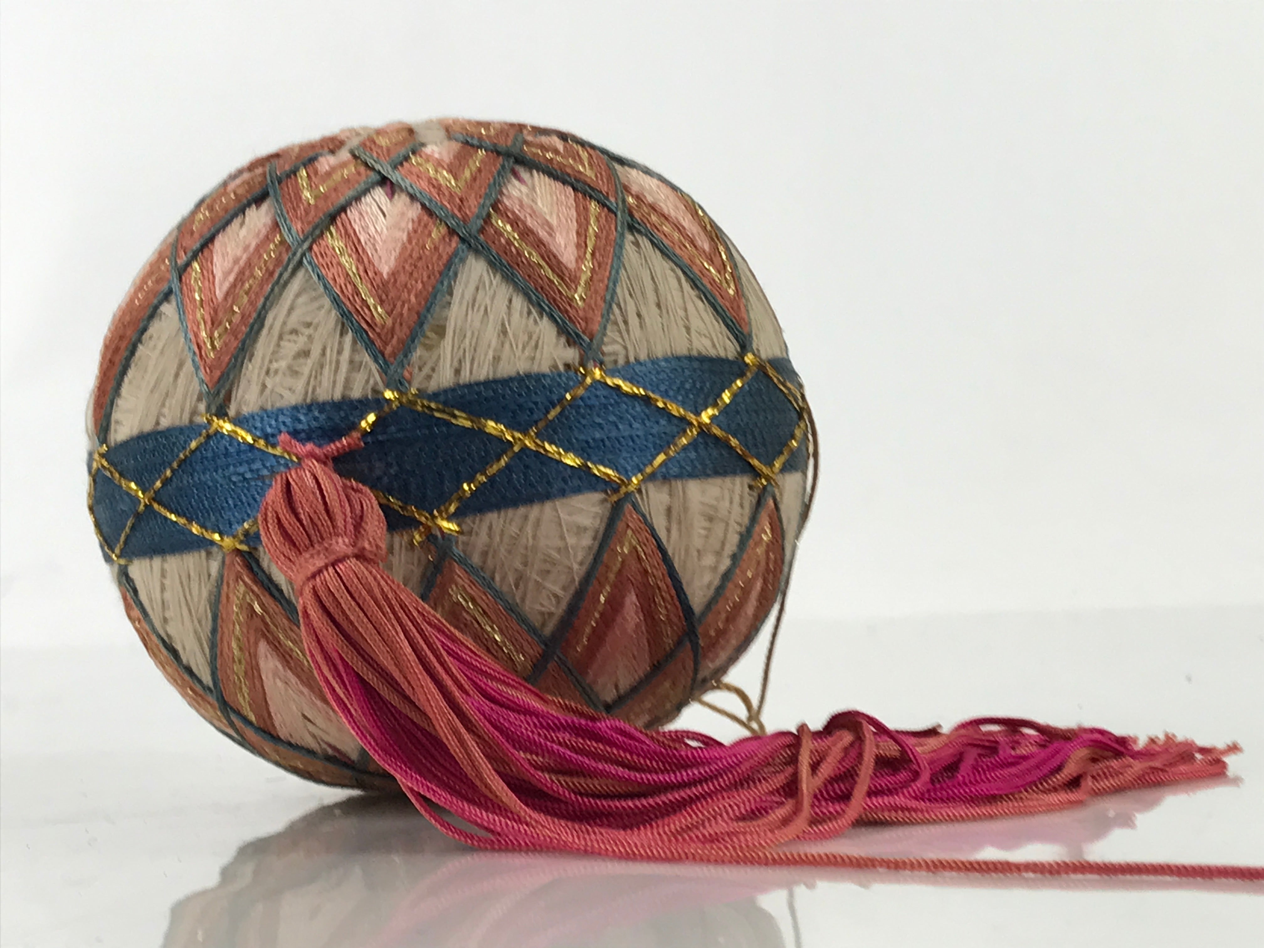 Japanese Embroidered Thread Fabric Hanging Mari Ball Decoration Vtg Temari ID595