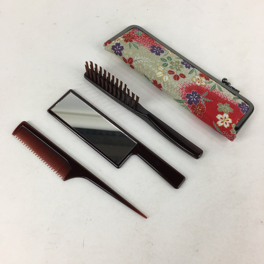 Japanese Fabric Bag Comb Hair Brush And Mirror Set Vtg Bag with Clasp KB34