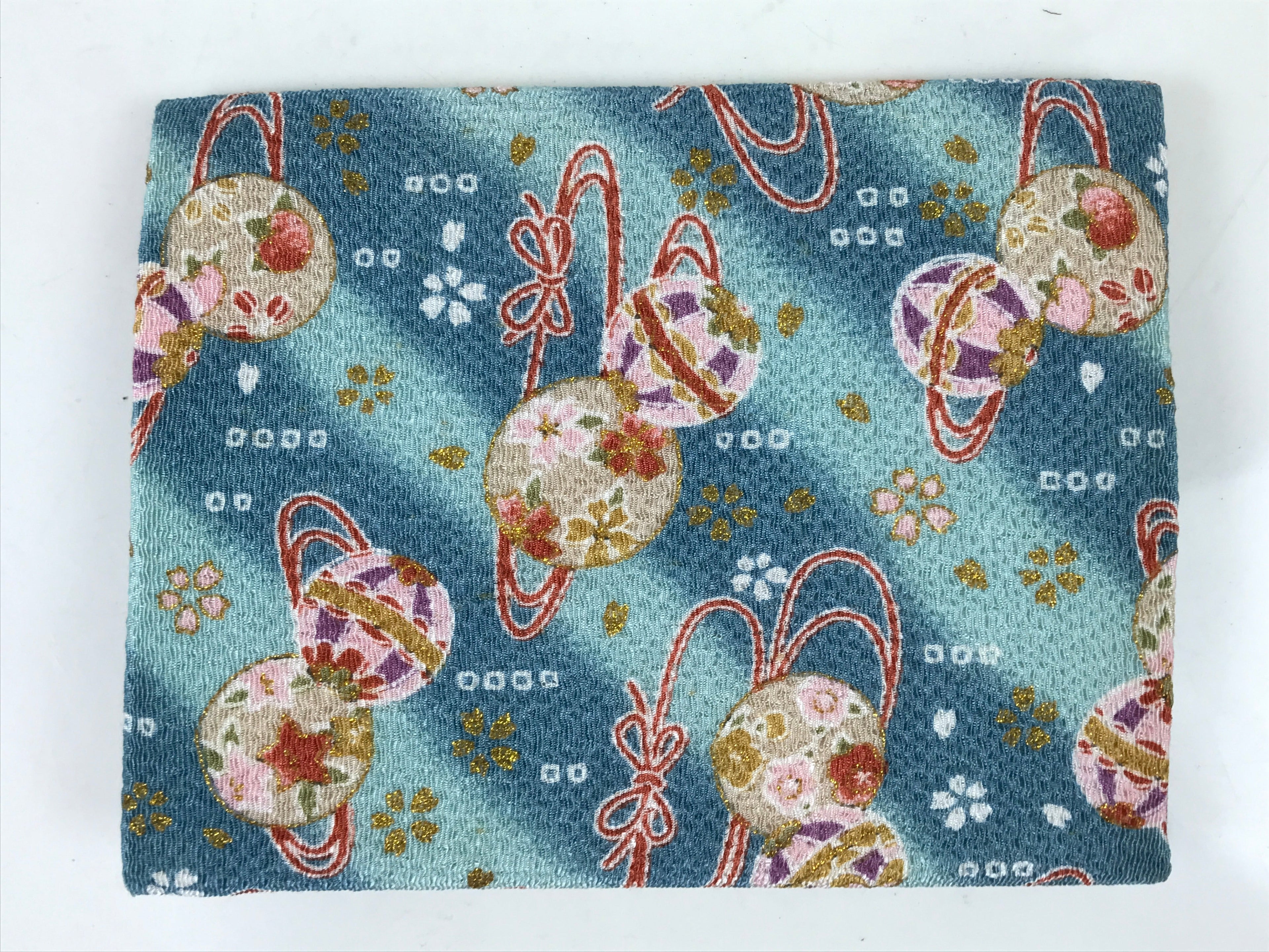 Japanese Fabric Card Holder Vtg Ball Ribbon Blue Pink Gold Cherry Blossom KB93