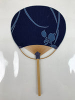 Japanese Fabric Fan Uchiwa Vtg Bamboo Paper Iris Ayame Flower Indigo Blue U147