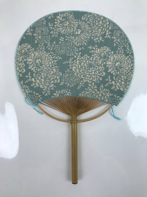 Japanese Fabric Fan Uchiwa Vtg Bamboo Round Paper Back Blue Chrysanthemums U134