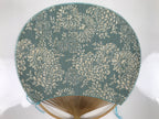 Japanese Fabric Fan Uchiwa Vtg Bamboo Round Paper Back Blue Chrysanthemums U134