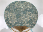 Japanese Fabric Fan Uchiwa Vtg Bamboo Round Paper Back Blue Chrysanthemums U134