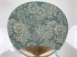 Japanese Fabric Fan Uchiwa Vtg Bamboo Round Paper Back Blue Chrysanthemums U134