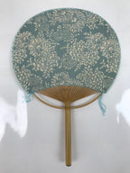 Japanese Fabric Fan Uchiwa Vtg Bamboo Round Paper Back Blue Chrysanthemums U135
