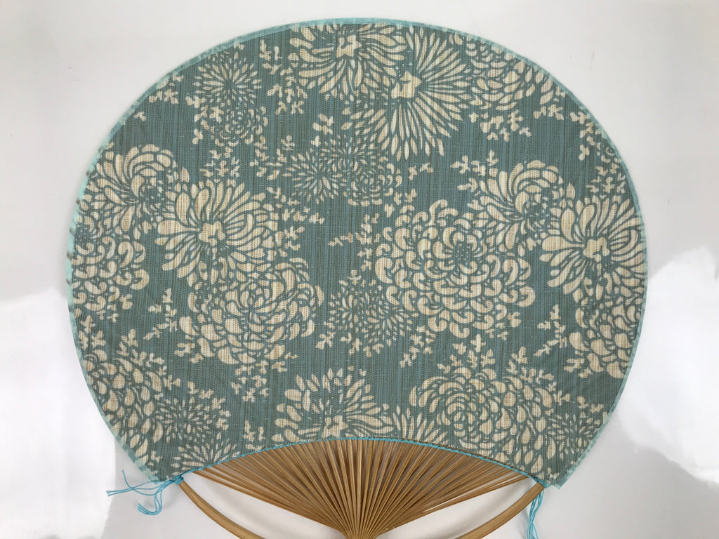 Japanese Fabric Fan Uchiwa Vtg Bamboo Round Paper Back Blue Chrysanthemums U135