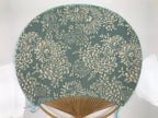 Japanese Fabric Fan Uchiwa Vtg Bamboo Round Paper Back Blue Chrysanthemums U135