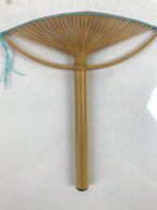 Japanese Fabric Fan Uchiwa Vtg Bamboo Round Paper Back Blue Chrysanthemums U135