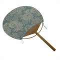 Japanese Fabric Fan Uchiwa Vtg Bamboo Round Paper Back Blue Chrysanthemums U135