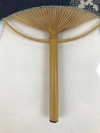 Japanese Fabric Fan Uchiwa Vtg Bamboo Round Paper Back Seasonal Flower Blue U136