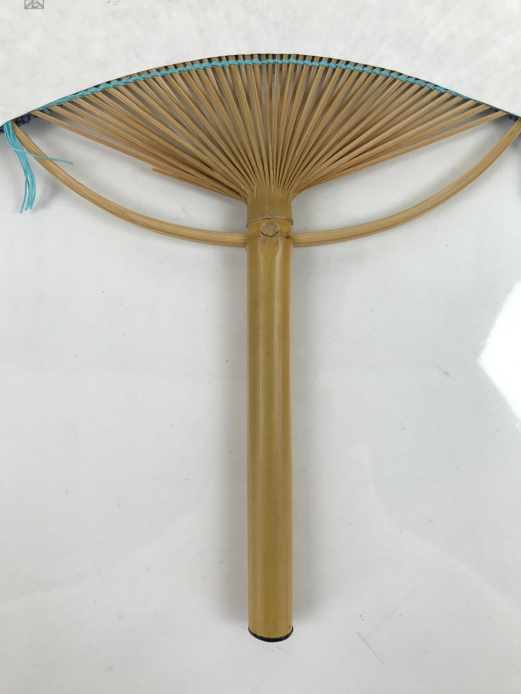 Japanese Fabric Fan Uchiwa Vtg Bamboo Round Paper Back Seasonal Flower Blue U136