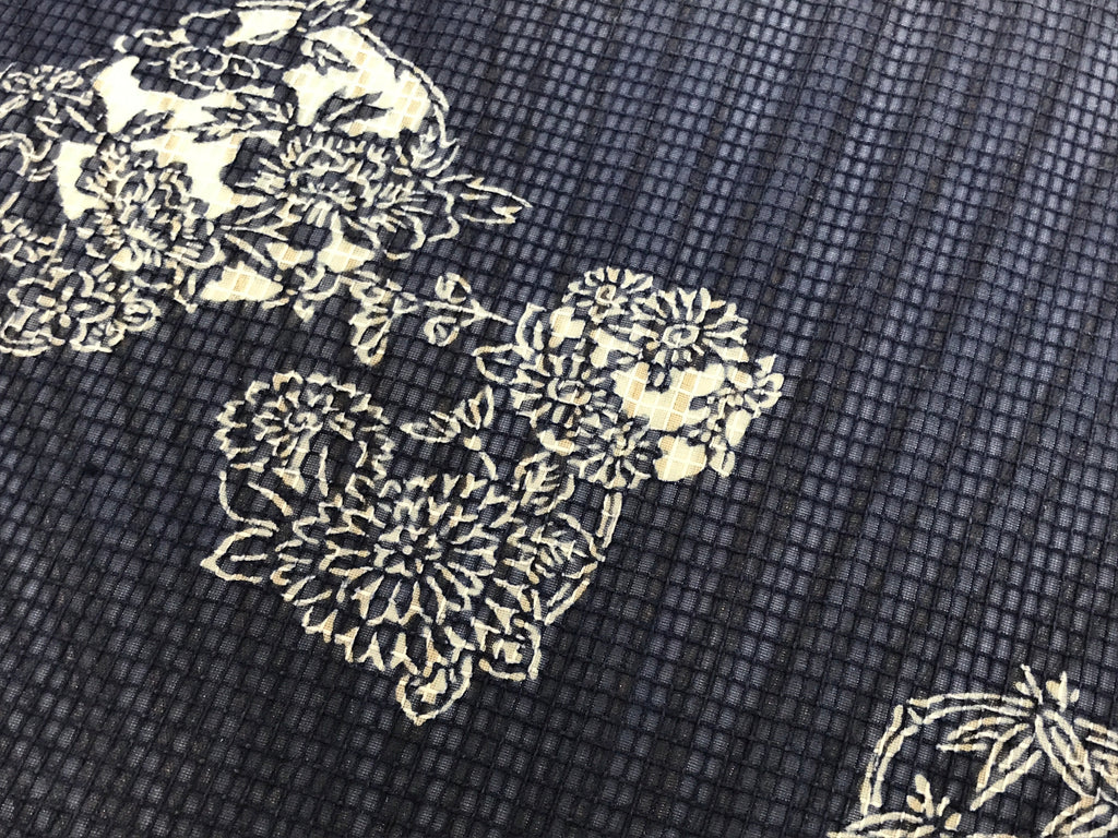 Japanese Fabric Fan Uchiwa Vtg Bamboo Round Paper Back Seasonal Flower Blue U136