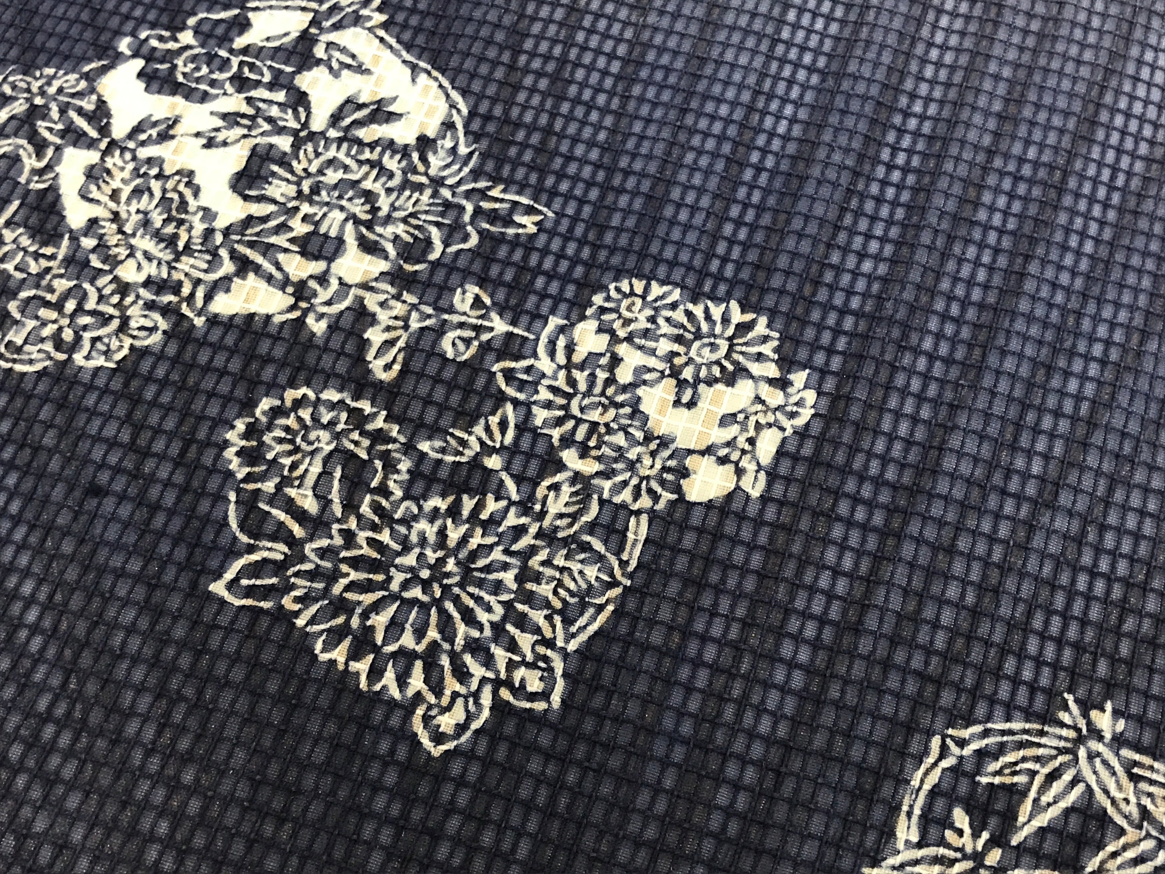 Japanese Fabric Fan Uchiwa Vtg Bamboo Round Paper Back Seasonal Flower Blue U136