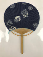 Japanese Fabric Fan Uchiwa Vtg Bamboo Round Paper Back Seasonal Flower Blue U137