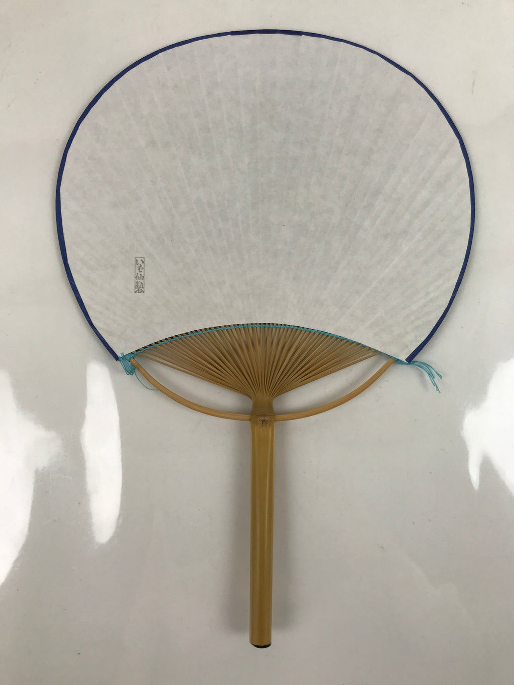 Japanese Fabric Fan Uchiwa Vtg Bamboo Round Paper Back Seasonal Flower Blue U137