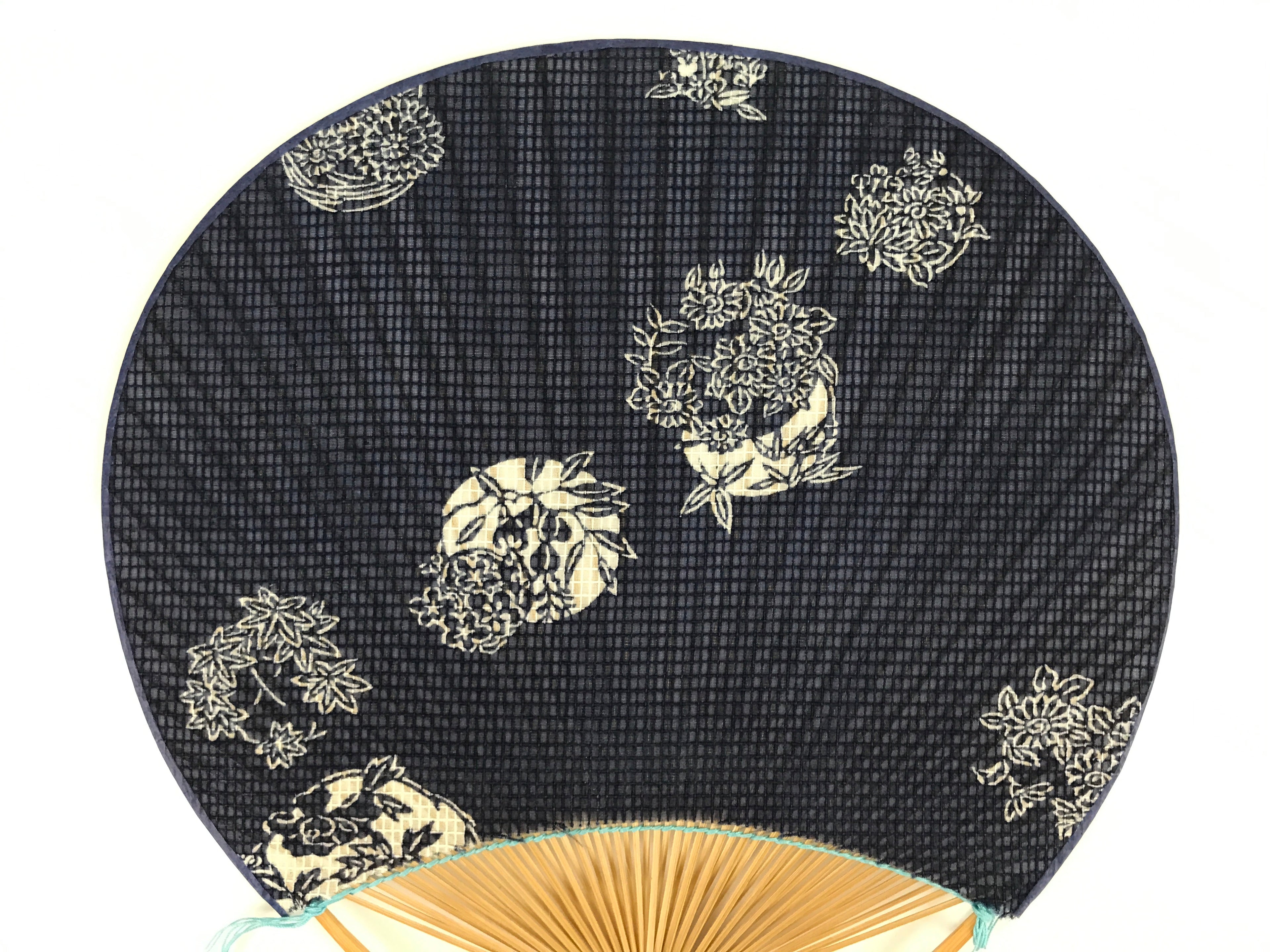 Japanese Fabric Fan Uchiwa Vtg Bamboo Round Paper Back Seasonal Flower Blue U137