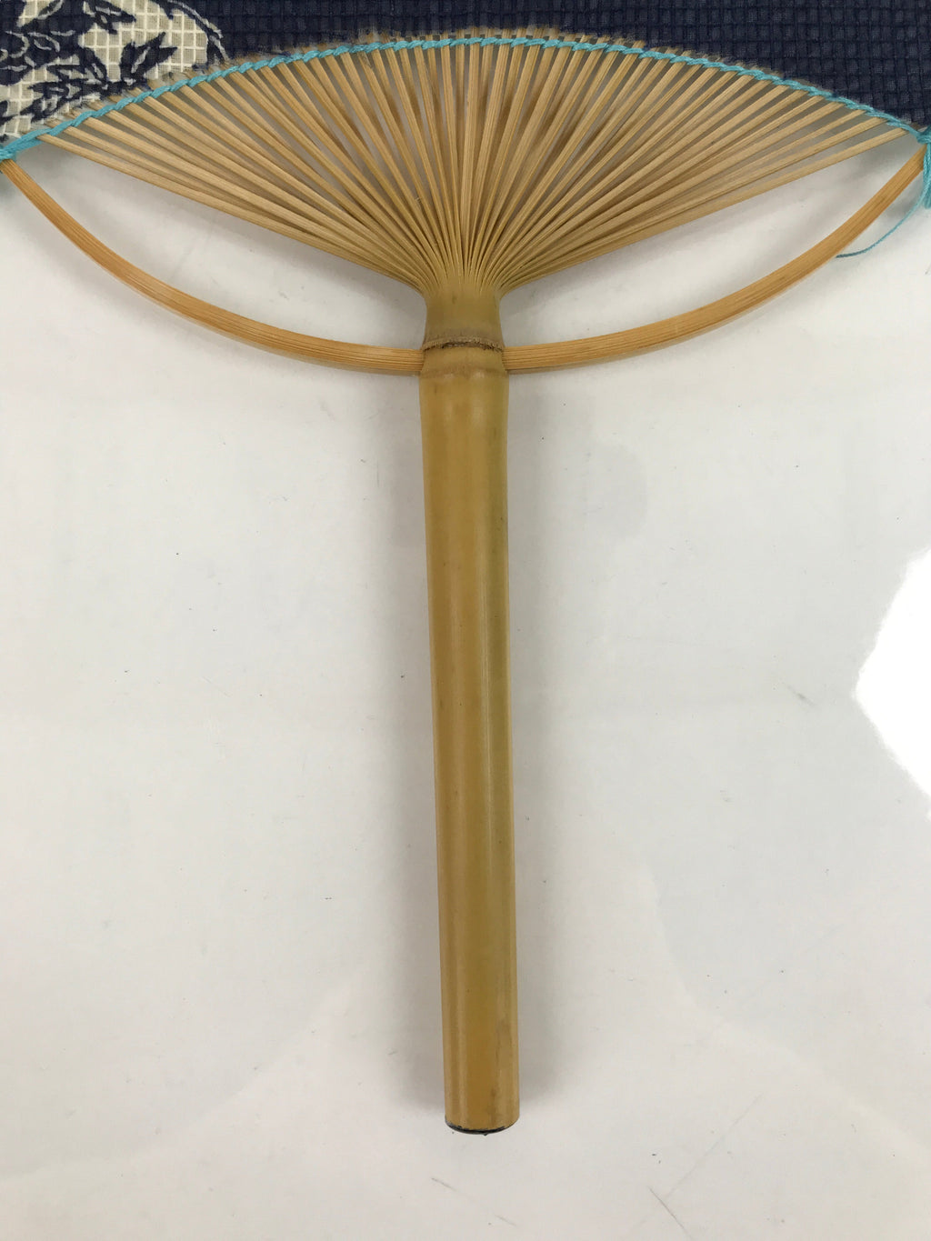 Japanese Fabric Fan Uchiwa Vtg Bamboo Round Paper Back Seasonal Flower Blue U137