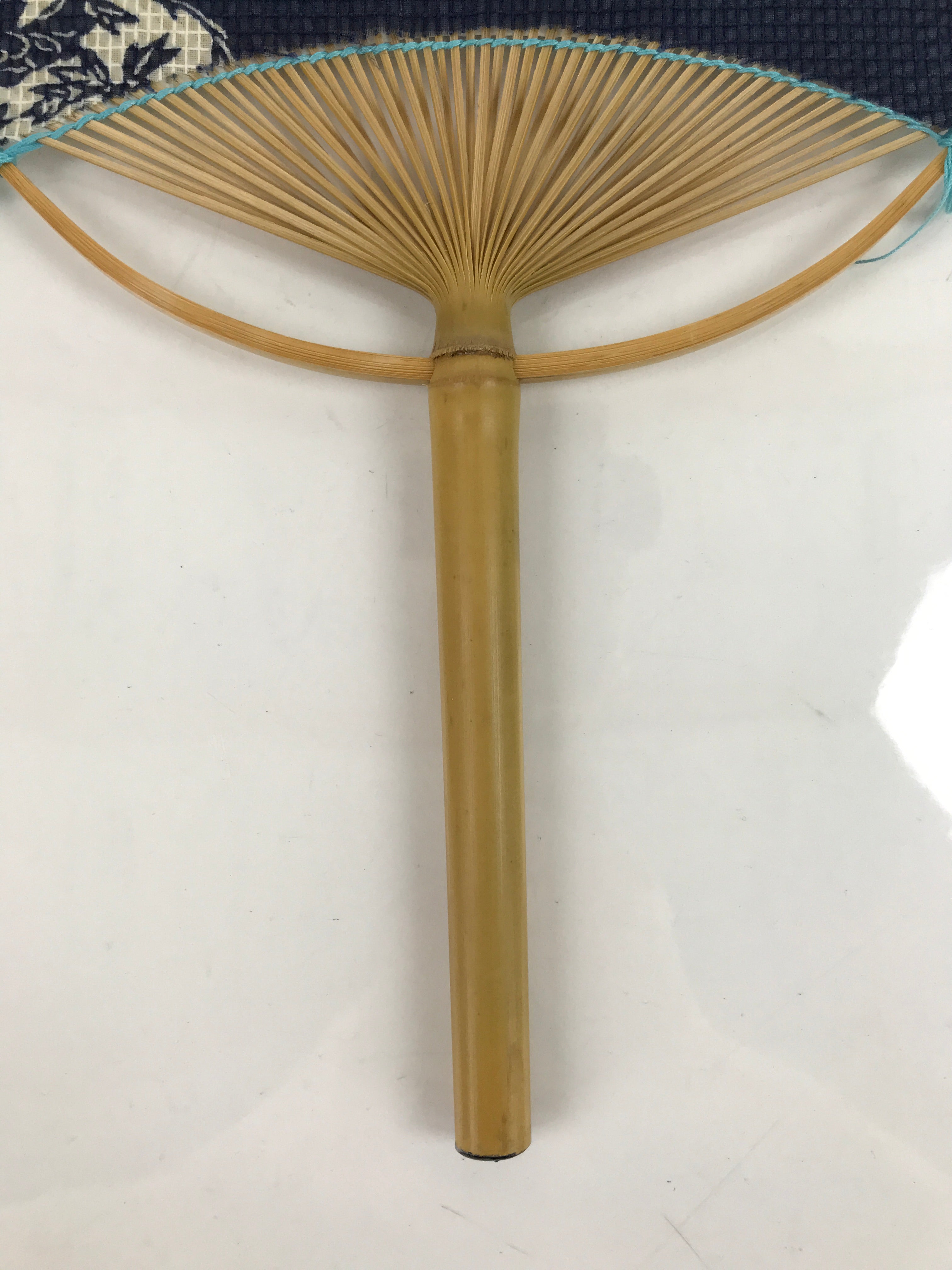 Japanese Fabric Fan Uchiwa Vtg Bamboo Round Paper Back Seasonal Flower Blue U137