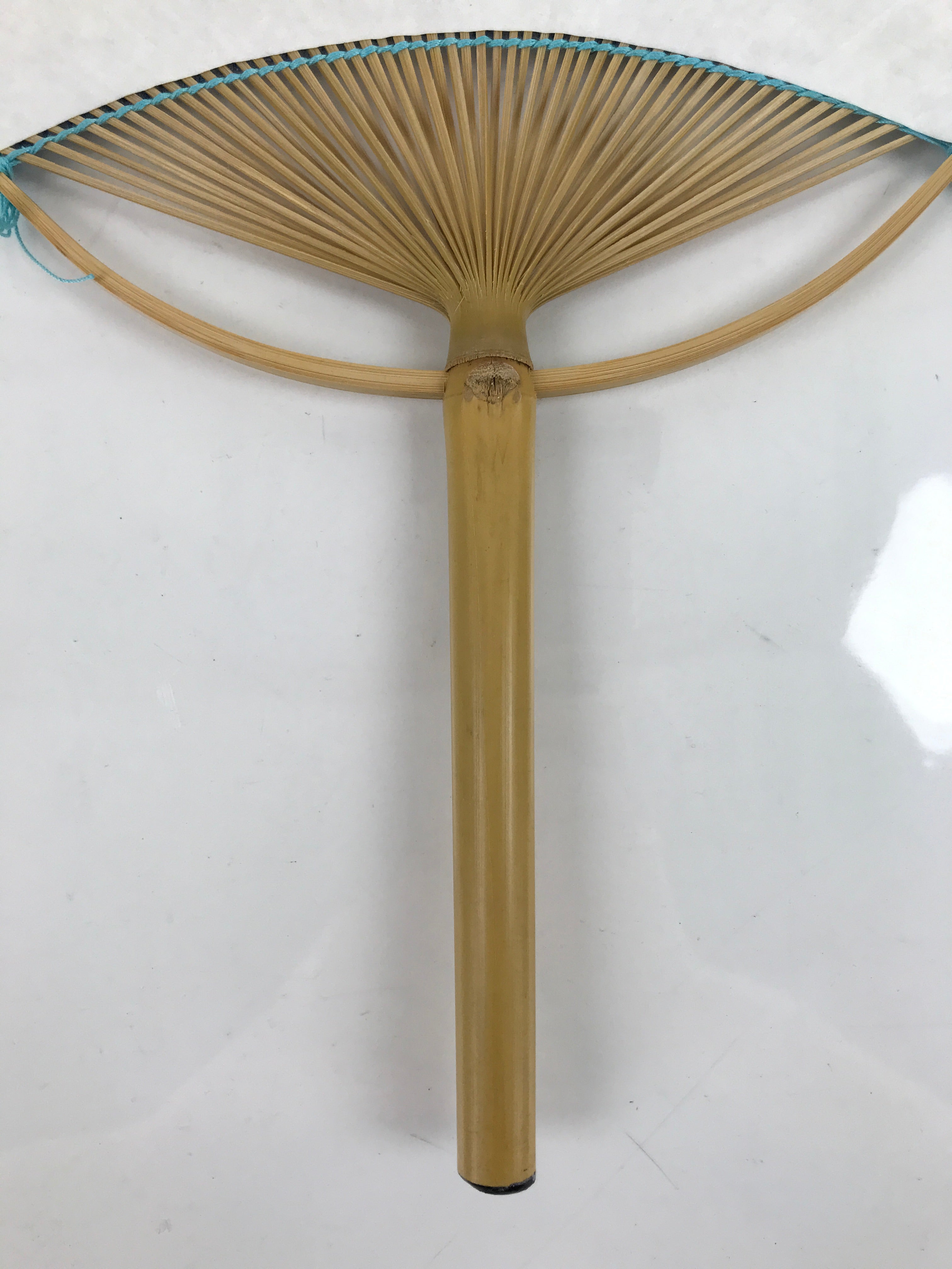 Japanese Fabric Fan Uchiwa Vtg Bamboo Round Paper Back Seasonal Flower Blue U137