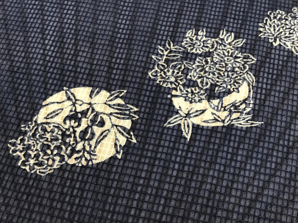 Japanese Fabric Fan Uchiwa Vtg Bamboo Round Paper Back Seasonal Flower Blue U137