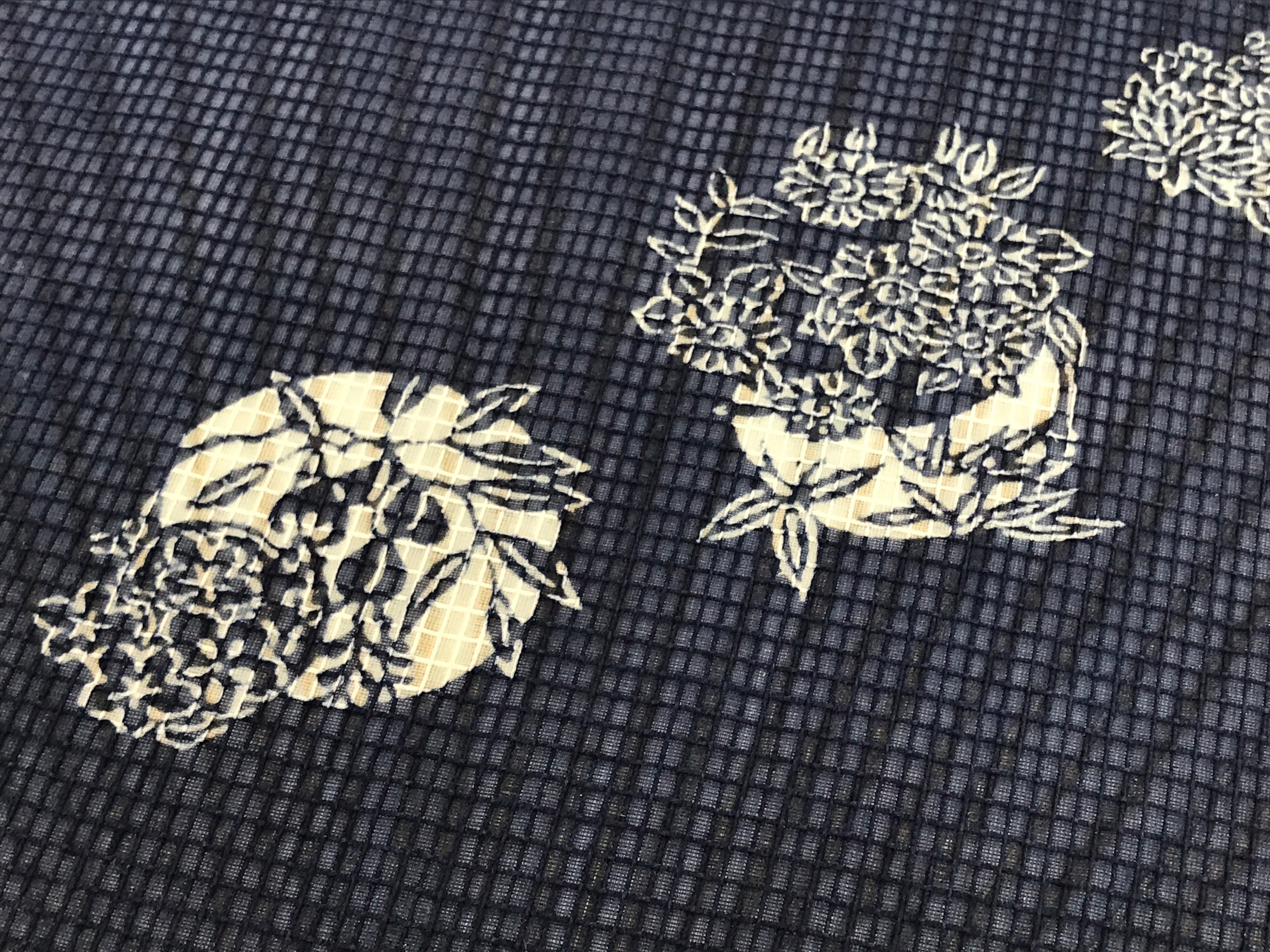Japanese Fabric Fan Uchiwa Vtg Bamboo Round Paper Back Seasonal Flower Blue U137