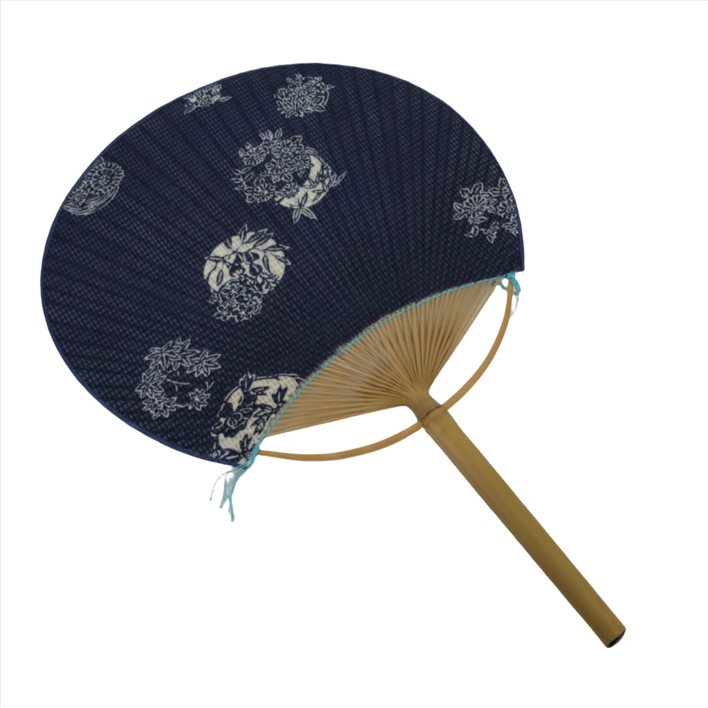 Japanese Fabric Fan Uchiwa Vtg Bamboo Round Paper Back Seasonal Flower Blue U137