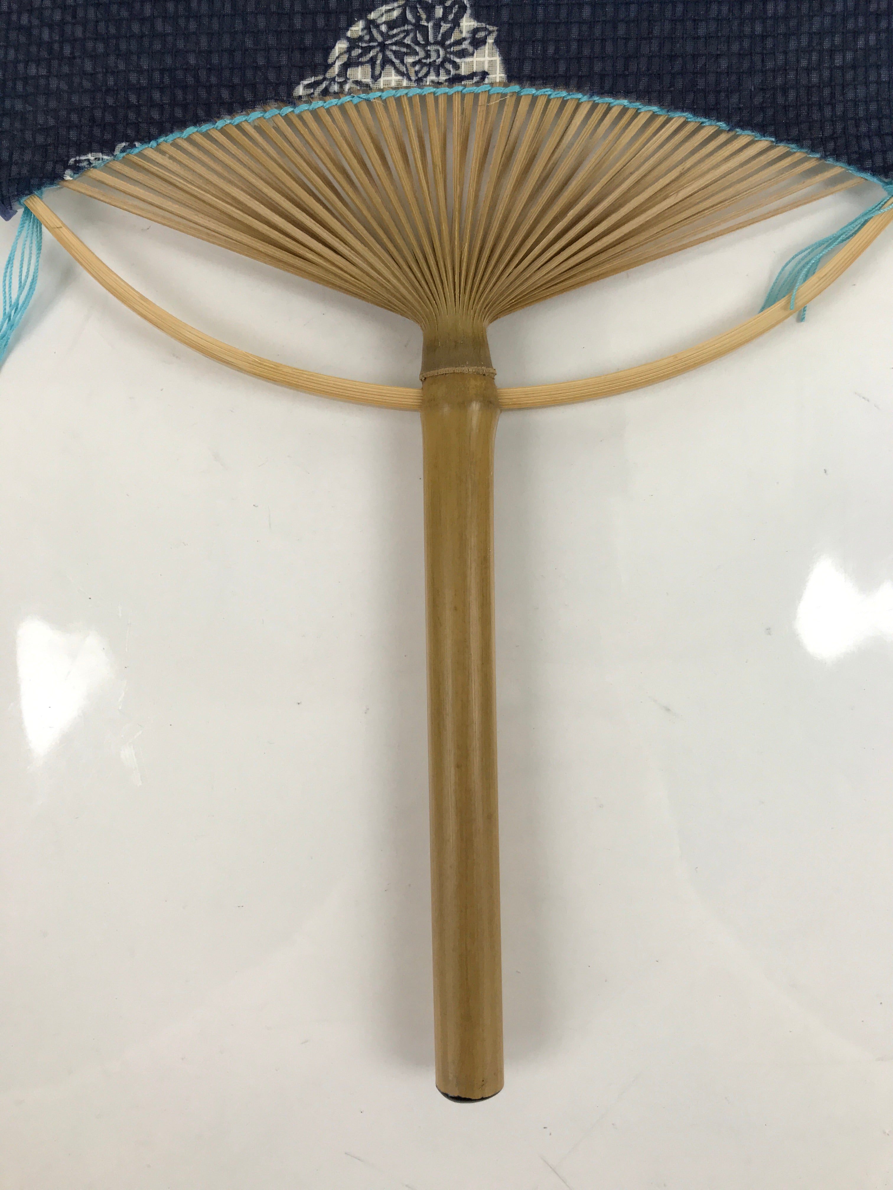 Japanese Fabric Fan Uchiwa Vtg Bamboo Round Paper Back Seasonal Flower Blue U138