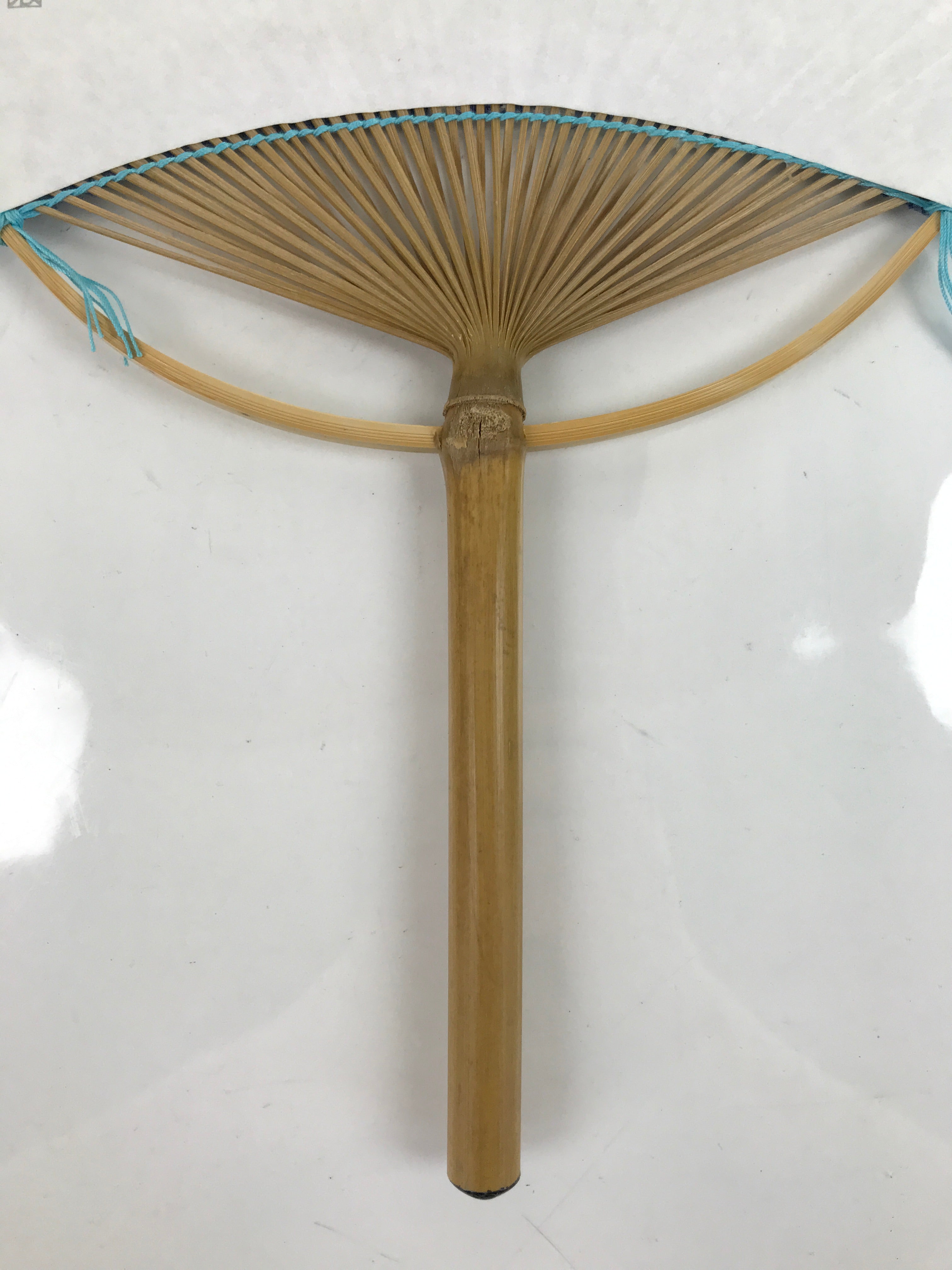 Japanese Fabric Fan Uchiwa Vtg Bamboo Round Paper Back Seasonal Flower Blue U138