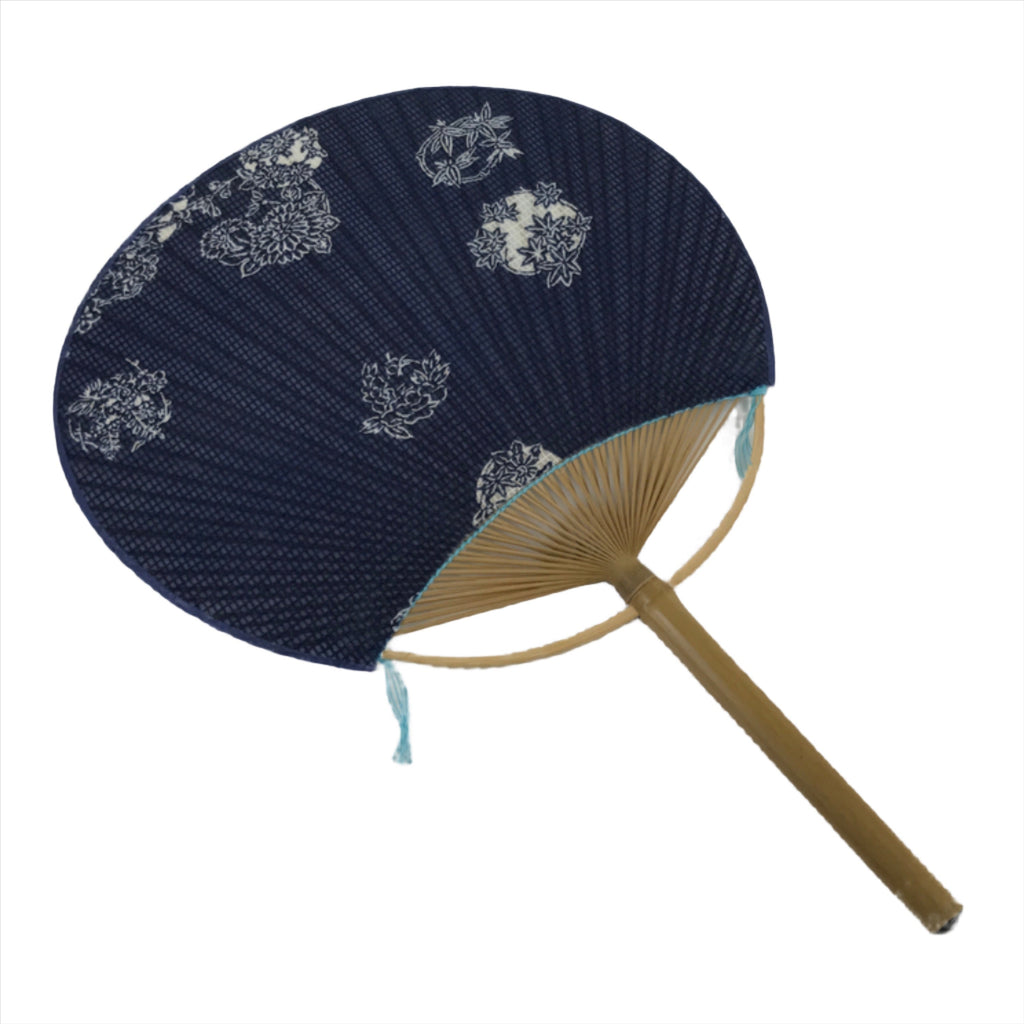 Japanese Fabric Fan Uchiwa Vtg Bamboo Round Paper Back Seasonal Flower Blue U138