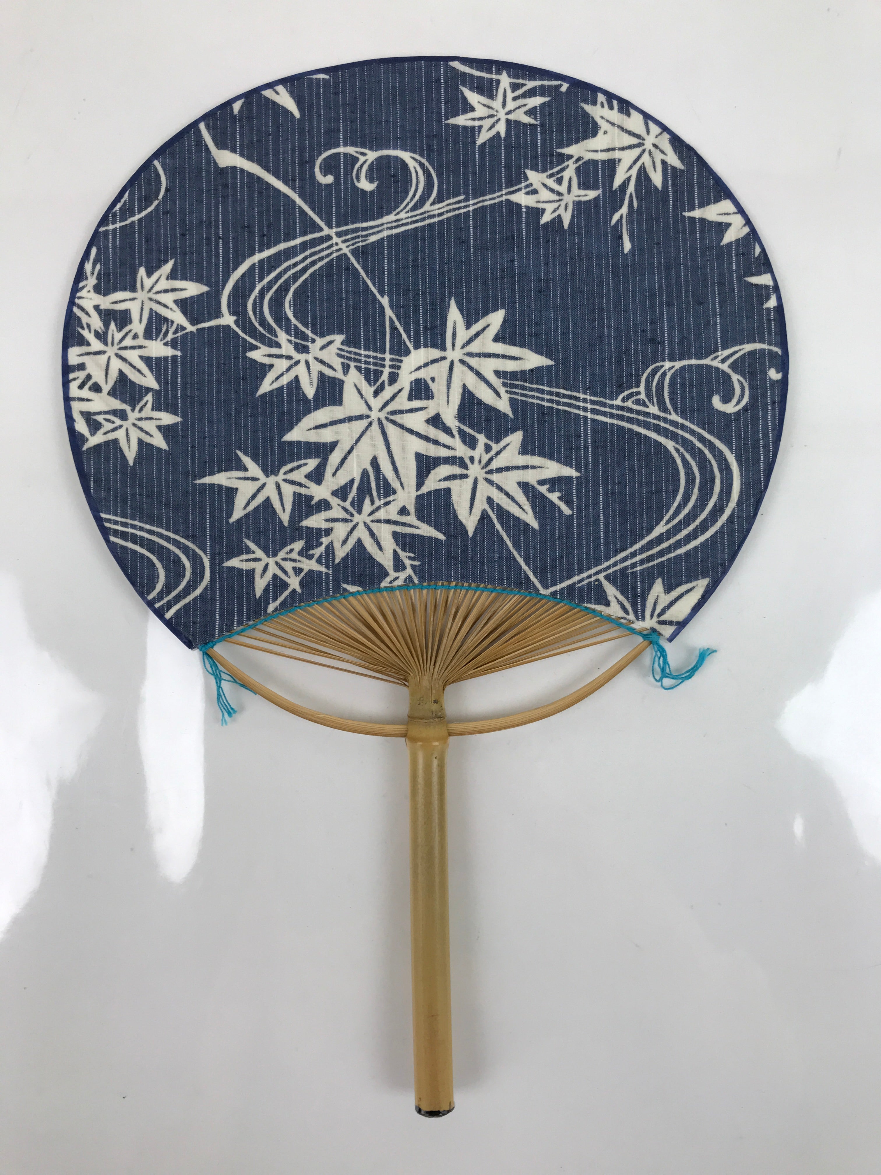 Japanese Fabric Fan Uchiwa Vtg Bamboo Round Paper Maple Leaf Momiji Blue U146