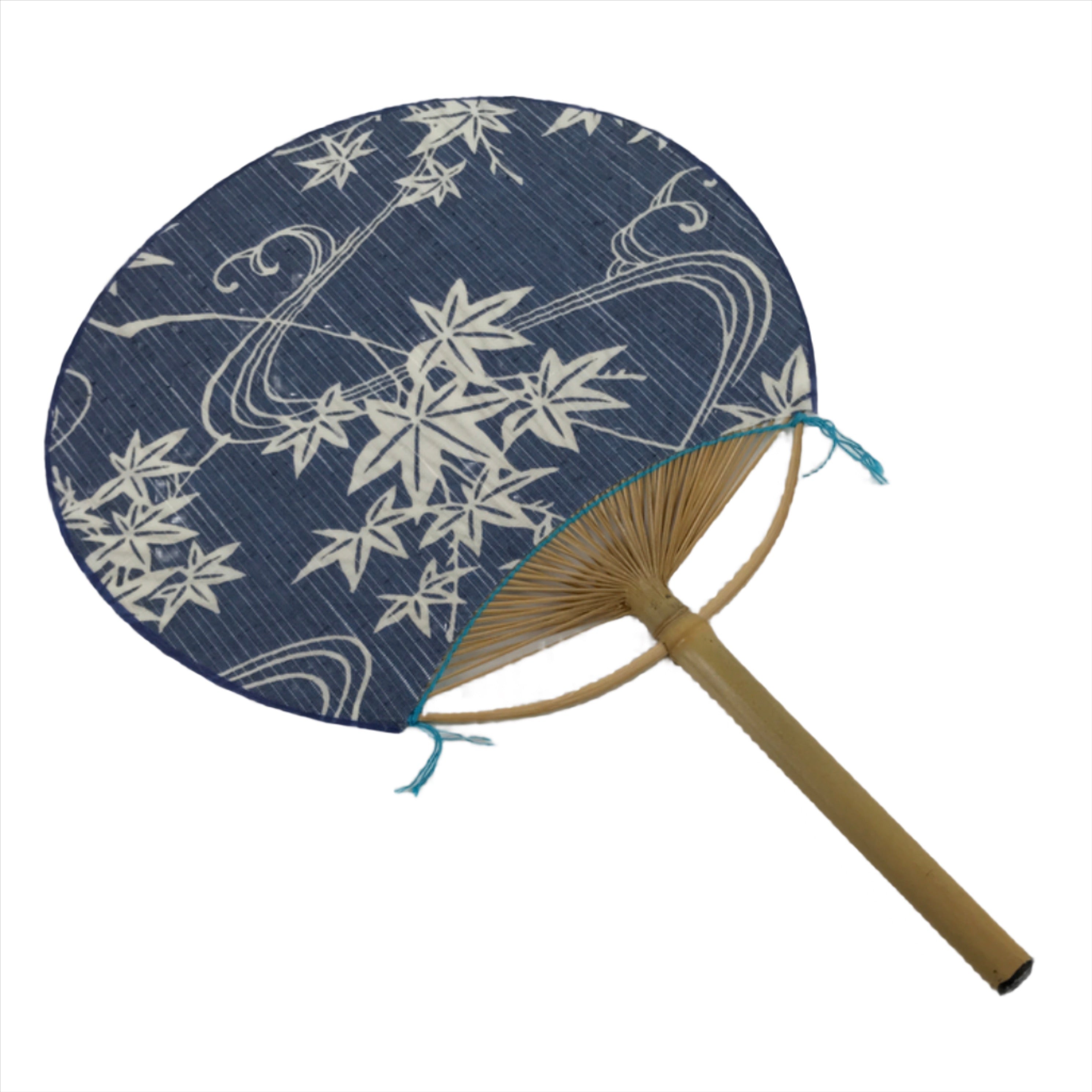 Japanese Fabric Fan Uchiwa Vtg Bamboo Round Paper Maple Leaf Momiji Blue U146